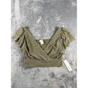 Urban Romantics Olive Green Eyelet Lace Crop Top Flutter Sleeve Surplice Large